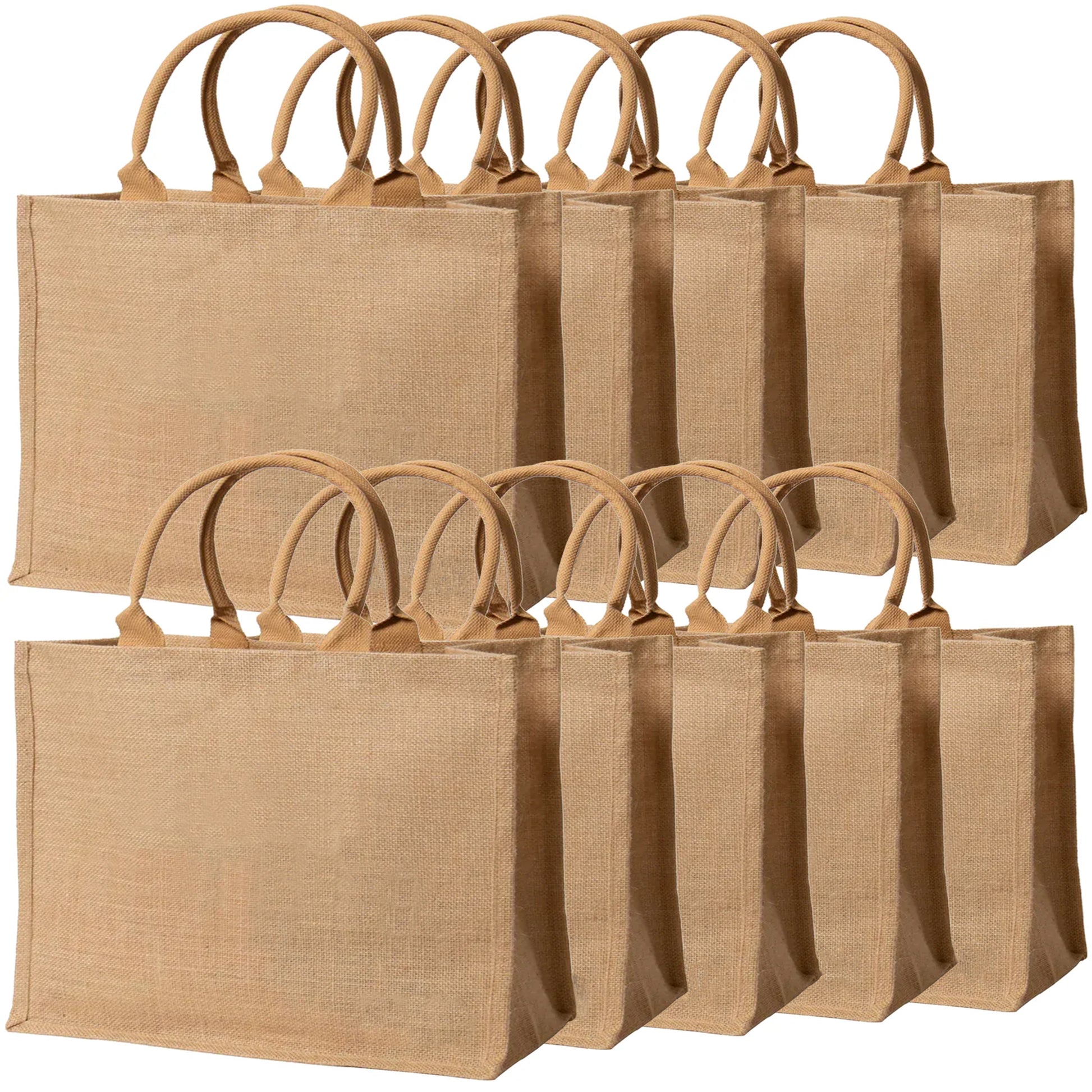 Set of brown jute bags with handles on a white background