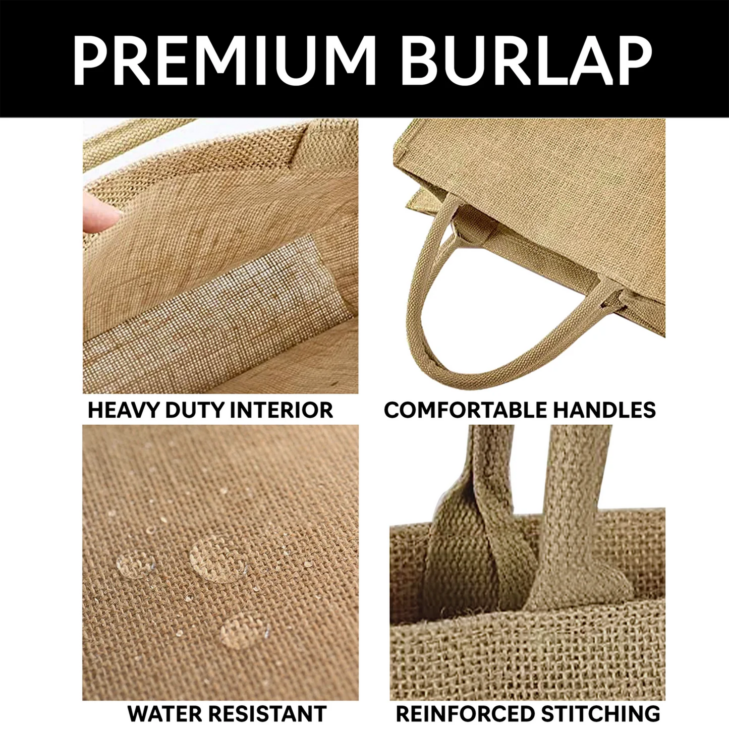 Premium burlap tote bag with features highlighted on a white background