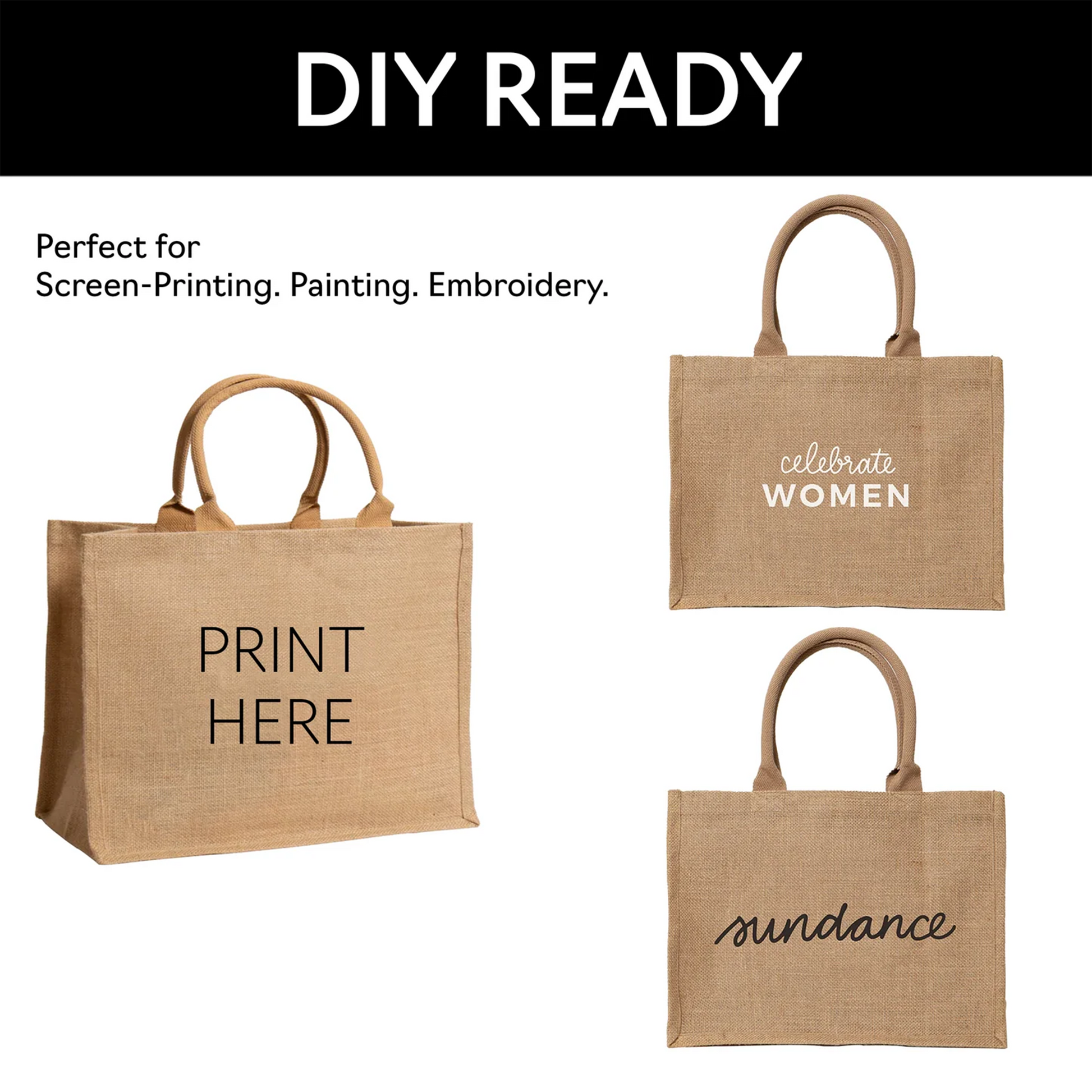 Three jute bags with text on a white background, labeled 'DIY READY'.