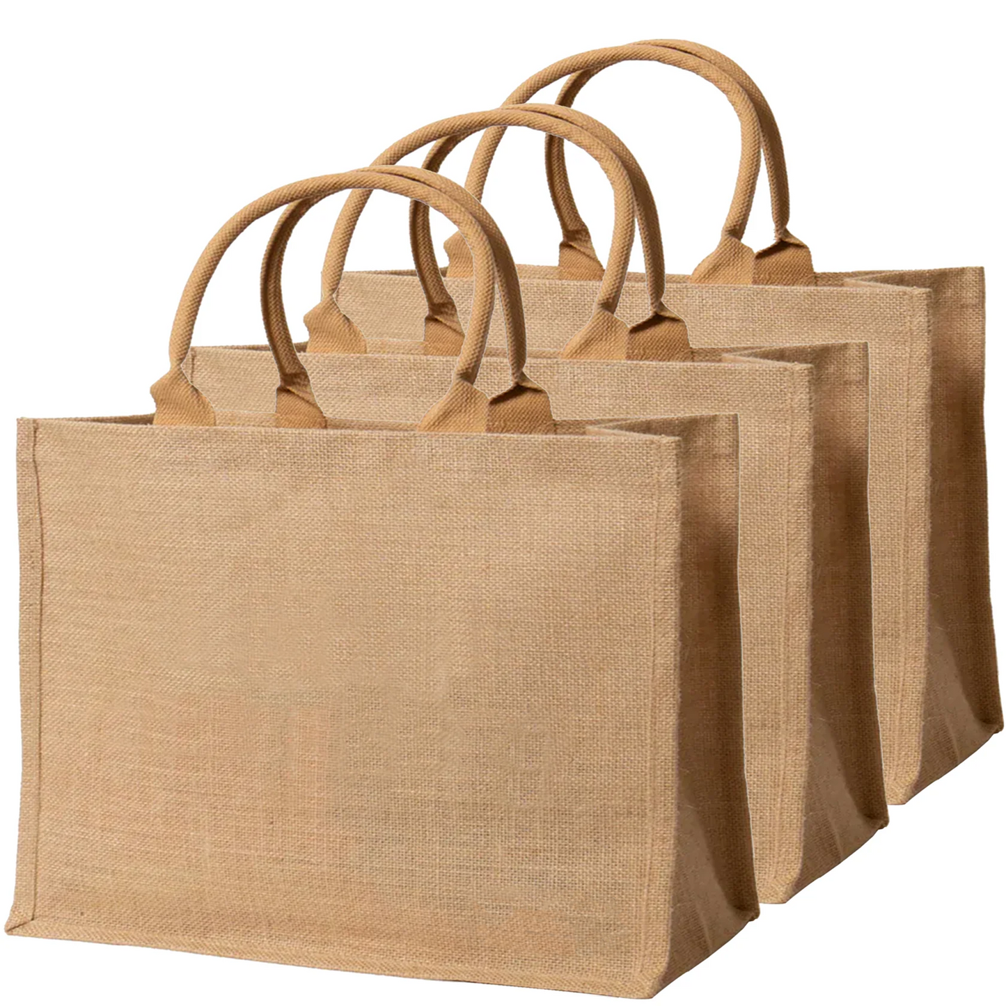 Set of brown jute bags with handles on a white background