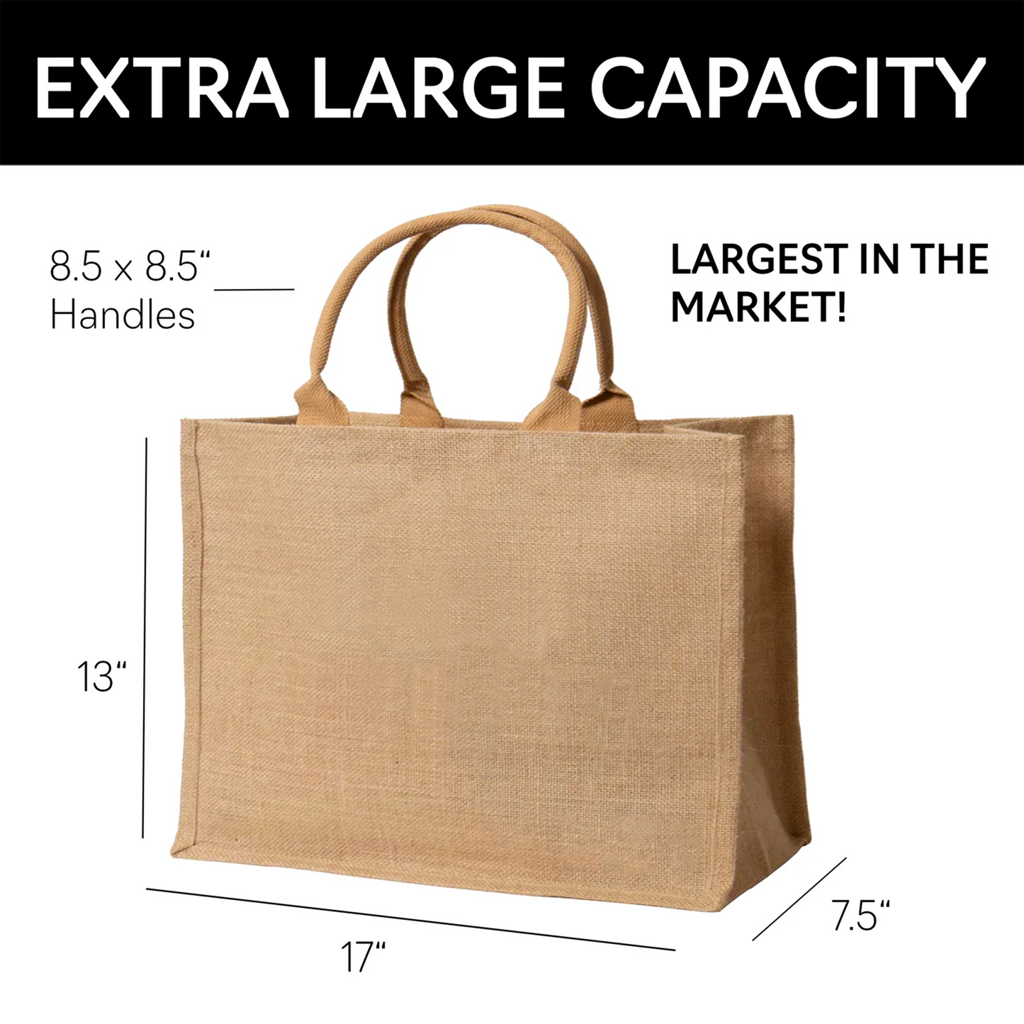 Jute bag with dimensions and text highlighting its extra large capacity.