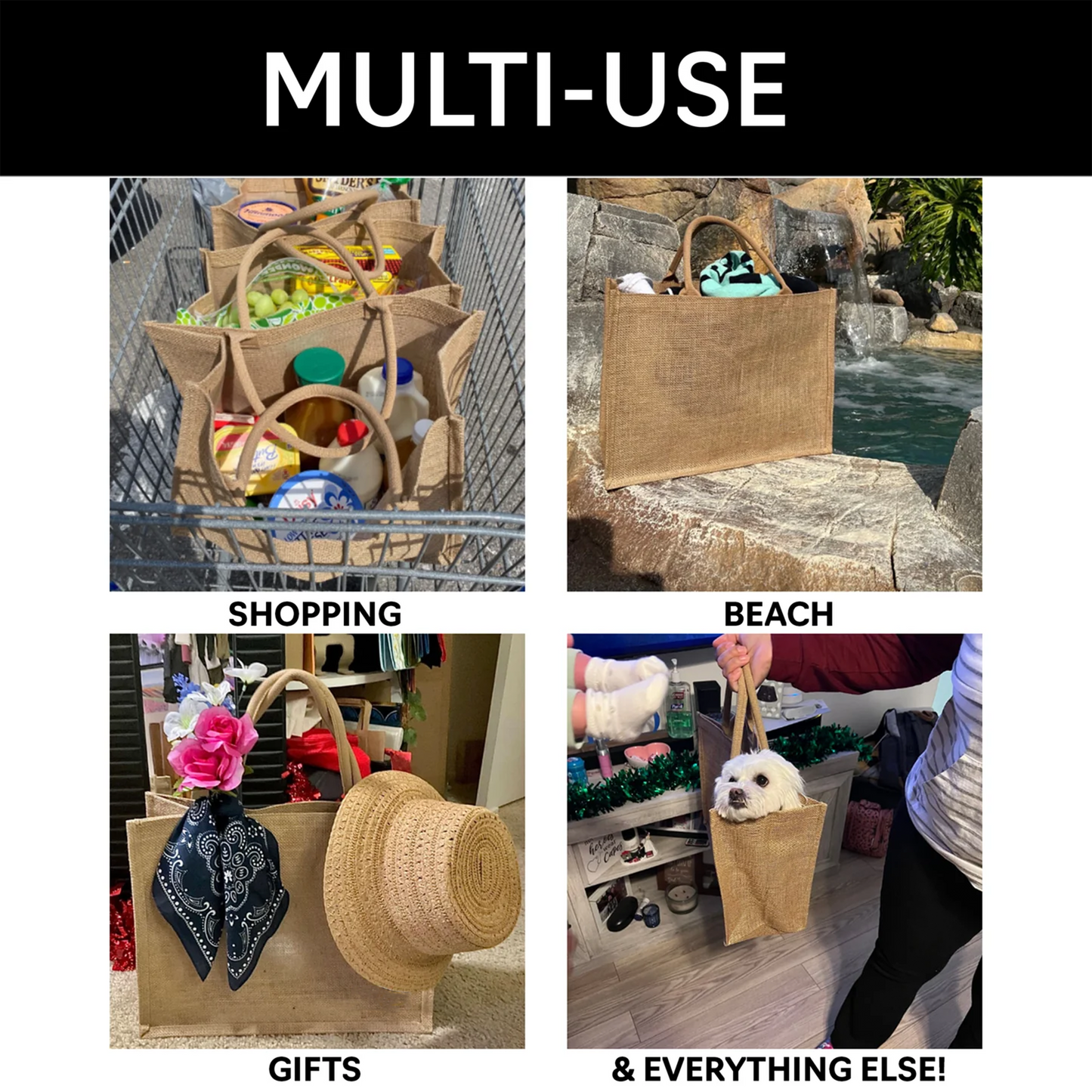 Multifunctional bag used for shopping, beach, gifts, and various other purposes.