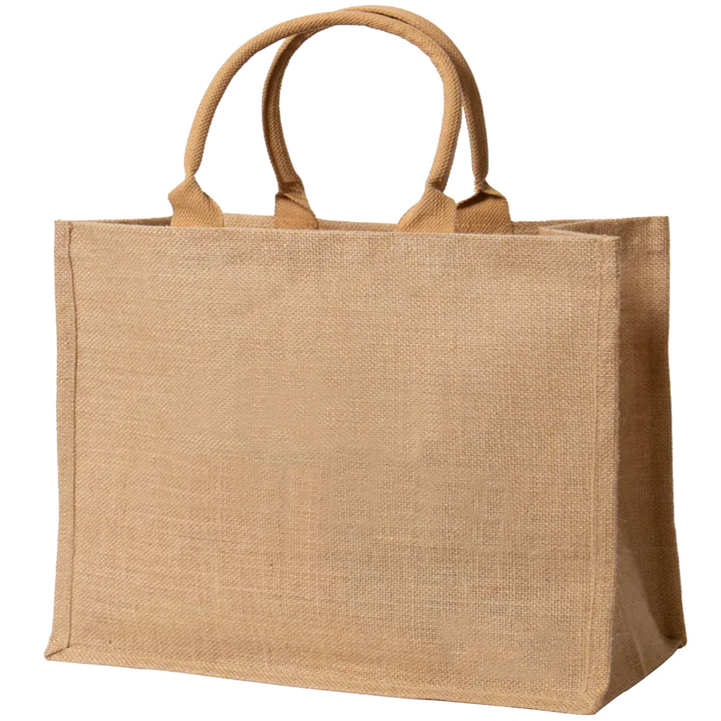 Beige jute bag with handles on a white background