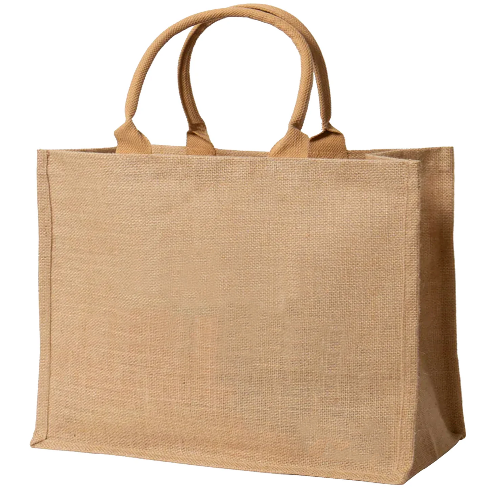 Beige jute bag with handles on a white background